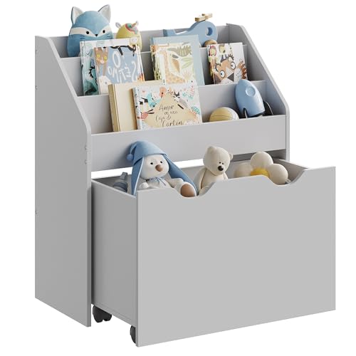 Image of SONGMICS Kids Bookshelf and Toy Organizer, Toy Storage Chest and Bookcase with 3 Shelves, Storage Box with Wheels, Multipurpose, for Children's Room and Playroom, Dove Gray UGKR041G10