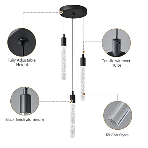 Image of Modern Light Fixture Kitchen Island Pendant Light Dimmable LED Black Pendant Lights Mini Crystal Pendant Lighting for Bedroom Dining Room Living Room（3-Light ）