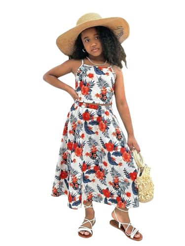 Image of Verdusa Girl's 2 Piece Summer Outfits Hawaiian Tropical Print Cropped Cami Top and Long Skirts