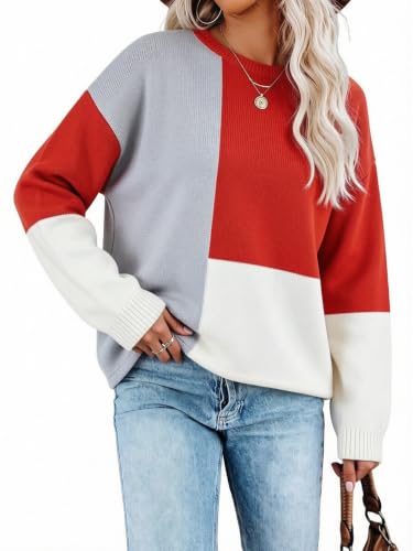 Image of ECOWISH Women Sweater Long Sleeve Color Block Knit Pullover Sweaters Crew Neck Patchwork Casual Loose Jumper Tops