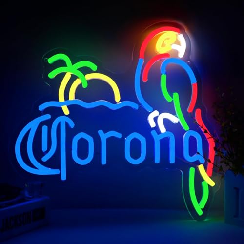 KODGGHK Coron Neon Sign Parrot Neon Lights for Bar Decor Palm Tree Beer Lights Bar LED Neon Sign Dimmable Light Up Signs Man Cave Home Pub Beer Gift Neon Lamp (Blue)