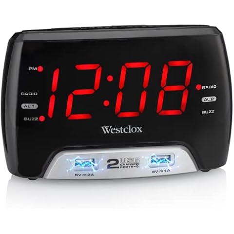 Westclox Basic Large 1.4” red LED Digital FM Clock Radio 2 USB Charging Port with Fast Charge for Bedroom, Home or Office – Model# 80227WM Cover