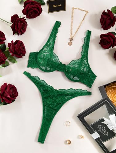 Image of Lilosy Sexy Floral Lace Scallop Underwire Push Up Sheer Lingerie Set Outfits