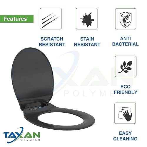 Image of TAXAN Black EWC Toilet Seat Cover (17 x 14.5 in) | Oval Shape, PVC Western Commode Seat with Lid | High Glossy Finish, Sleek Design, Non-Soft Closing Commode Seat Cover with Installation Kit
