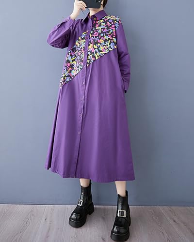 Image of ellazhu Womens Fall Casual Patchwork Funky Long Sleeve Designer Dress Loose Blouse GY2787 A