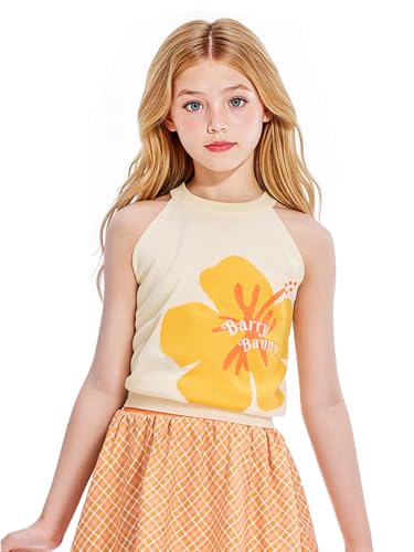 Girls Halter Knit Tank Top Cute Summer Ice Silk Flower Camisole for 6-16 Years,Sleeveless Lightweight Shirt,Teen Girls Tops