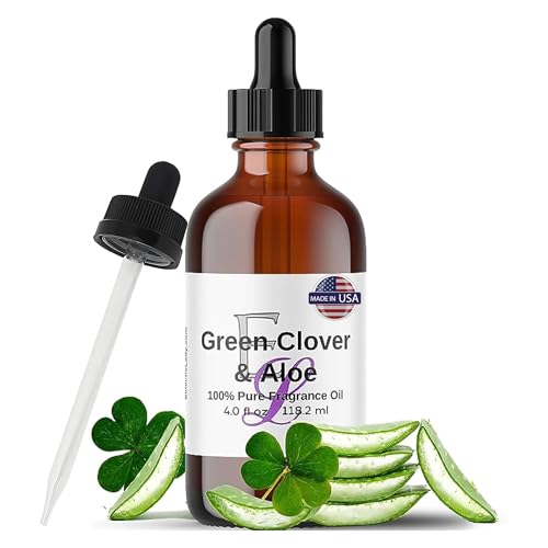Green Clover & Aloe Fragrance Oil, 4 oz Premium, Long Lasting Diffuser Oils, Nostalgic, Clean & Fresh Essential Oils Reminiscent of Disney World, Relaxing Crisp Green Leaf & Beach Waves Aromatherapy