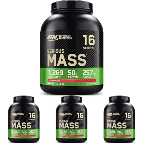 Image of Optimum Nutrition Serious Mass Weight Gainer Protein Powder, Strawberry, 6 Pound (Pack of 4)
