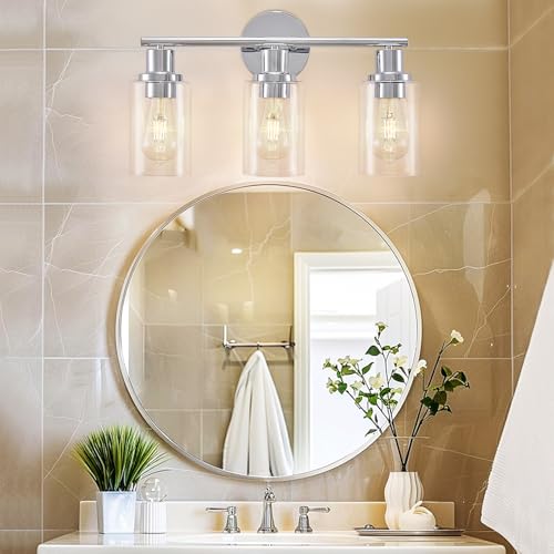 Image of DLLT 3-Light Bathroom Light Fixtures: Chrome Modern Vanity Lights with 3 E26 Bulbs - Clear Glass Shade Bathroom Wall Lamp for Mirror Kitchen Living Room Hallway Cabinet Porch
