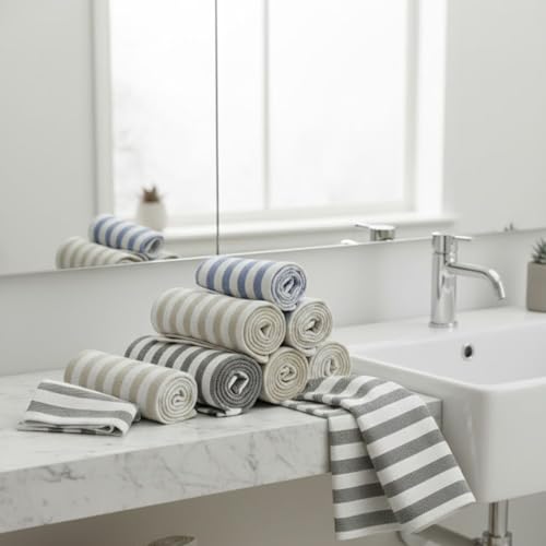Image of Premium Cotton Hand Towels Set of 10 - Soft & Absorbent Gym Towels, 180 GSM, Striped Multicolor, 24 x 16 Inches, Lightweight Quick Dry Towels for Bathroom, Gym & Travel