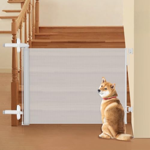 Tyoksi伸縮式安全ゲート、穴あけ不要、チャイルドプルーフ、ペットフェンス、ロールアップ式、コンパクト、柔軟性、頑丈、二重安全ロック付き。操作が簡単で、簡単に回して数秒で開きます。屋内、階段、玄関、キッチンなどに最適です。 (高さ86cm x 幅18??