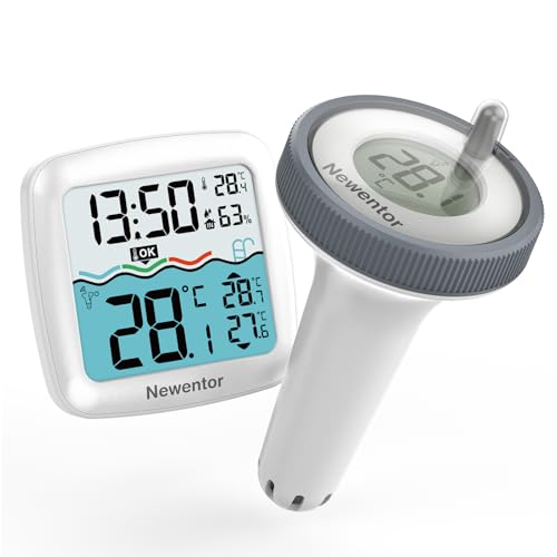 Newentor PoolThermometer Schwimmend - Funk Wasserthermometer -Aufgerüstete IPX8 Wasserdicht - Verbesserter Antennen - Turbo für 100m Reichweite durch Wände - Weiß mit Basisstation