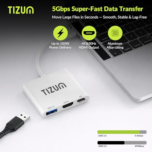 Image of Tizum 3-in-1 USB C HUB with 4K HDMI, 100W Power Delivery Fast Charging, USB 3.0 5Gbps High-Speed Data Transfer| Type C Multiport Adapter for MacBook, Laptop, Tablet, Monitor | Plug & Play USB C Dock