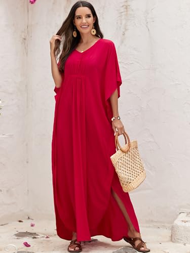 Image of Moss Rose Kaftan Dresses for Women V Neck Summer Swimsuit Cover up Caftan Maxi Beach Dresses