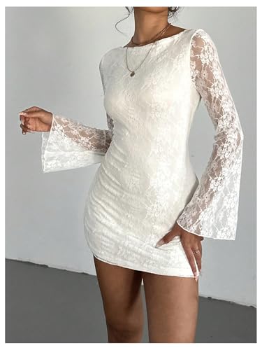 SOLY HUX Women's Lace Mini Dress Tie Backless Bell Long Sleeve Crew Neck Bodycon Dresses2