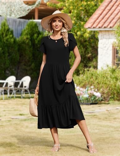 Image of Zeagoo Women Summer Midi A Line Dress Short Sleeve Casual Flowy Tiered Beach Long Sundress with Pockets 2026 Vacation Travel