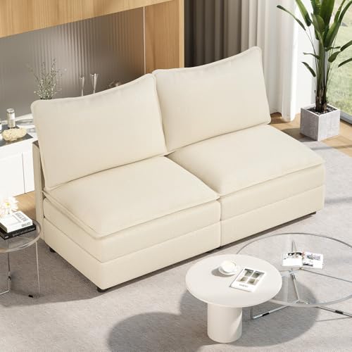 Image of Vesgantti 74 inch Loveseat Sofa Without Armrest, Comfy Cloud Couch for Living Room Deep Seat Chenille Modern 2 Seater Small Sofa, Extra Seats for Modular Couch, Beige