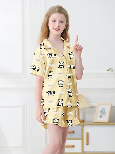 QZH.DUAO Girls Satin Silky Collar V Neck Ruffle Short Sleeve Top and Shorts Pajamas Set, Yellow Panda, 13-14 Years4