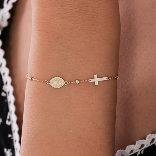 Image of MIONZA Catholic Medal Cross Bracelet for Women | 14K Gold Plated or Solid Gold, Religious Rosary Jewelry, Choose Your Saint Medal Bracelet