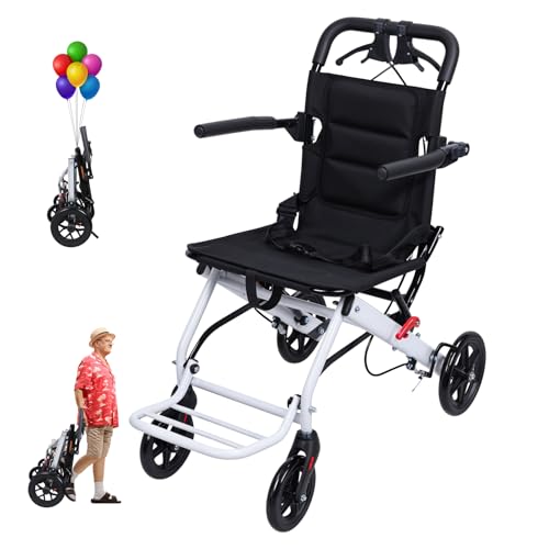 Silla de ruedas de transporte ligera y plegable para adultos y personas mayores, silla de ruedas portátil con marco de acero al carbono y cinturón de seguridad ajustable, sillas de ruedas ligeras