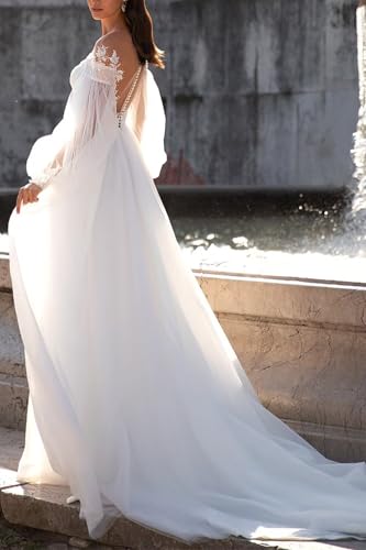 Womens Tulle A Line Wedding Dresses for Bride with Sleeves V Neck Lace Applique Wedding Gown Long Bridal Dress2