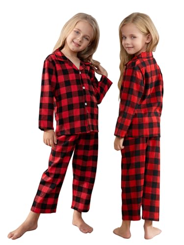 Schbbbta Kids Plaid Pajamas Set, Girls Boys 2 Pcs Pajamas Set Long Sleeve Sleepwear Button Down Pjs Red Black2
