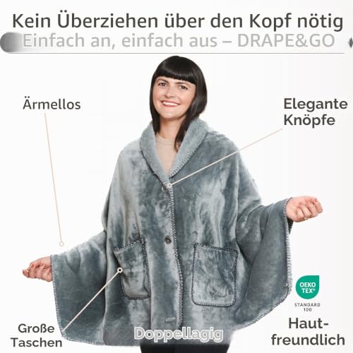 Happination Poncho-Decke für Damen, ohne Ärmel, Wickelschal mit großen Vordertaschen, Terrassendecke den Herbst, tragbare Decke… – Ansicht 3