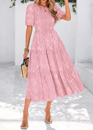 Image of KIRUNDO Womens Summer Dresses Wedding Guest Floral Midi Sundress Short Puff Sleeve Flowy A Line Smocked Tiered Boho Dress