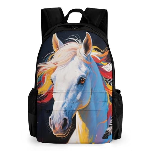 Tribal White Horse Art Daypack Polyester Anti-Theft Multipurpose Bookbag Big Capacity Gym Outdoor Hiking Backpack With Adjustable Shoulder Straps