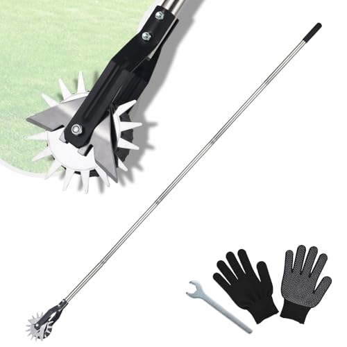 Wheel Rotary Edger, Adjustable 63” Manual Lawn Edger Tool with Gloves, Stainless Steel Trimmer for Sidewalk, Grass and Weed Edging, Ideal for Garden Landscaping and Yard Maintenance