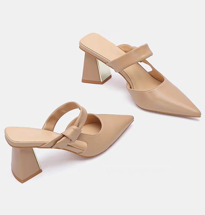 Women Leather Chunky Heel Mules With Knotted Strappy Fashion Slip On Closed Pointed Toe High Heel Backless Pumps for Dressy Party Casual Daily Breathable Slide Sandals2