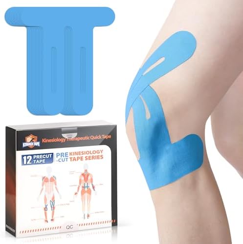 Kinesiology Tape for Knees, 12 Count Kinesiology Tape Precut for Knees, KTQUICK Original Cotton Waterproof & Breathable, Enhance Elastic Kinesiology Athletic Tape for Knee Support and Muscle