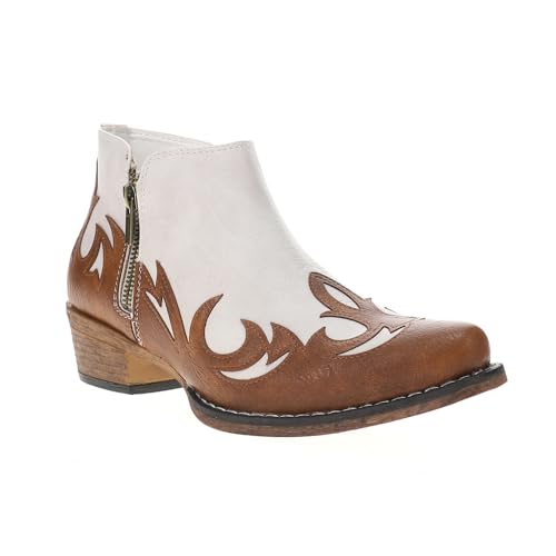 ROPER Womens Lorene Tooled Inlay Snip Toe Casual Boots Ankle Low Heel 1-2" - Brown, White2