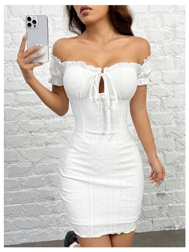 Image of Floerns Women's Cut Out Off Shoulder Short Puff Sleeve Eyelet Bodycon Mini Dresses
