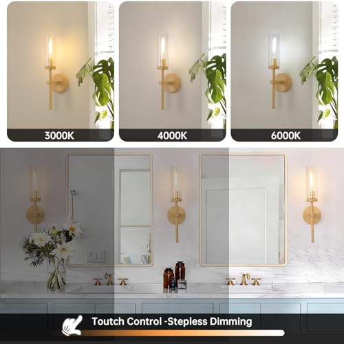 Image of Shenmoyl Battery Operated Wall Sconces Set of 2, Beech Color Rechargeable Wall Lighting Fixtures, Dimmable Wall Lights with Remote & Clear Glass Shade for Living Room, Bathroom,Bedroom