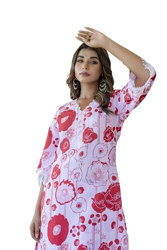 Image of LookMark Women Printed Cotton Blend Straight Kurta Pant Set with Lace - Comfortable Ethnic Wear for Women, Elegant Design, Suitable for Various Occasions