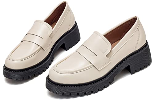 Image of Women's Classic Simple Mid Heel Oxfords Penny Loafers Comfortable Slip On Dress Shoes