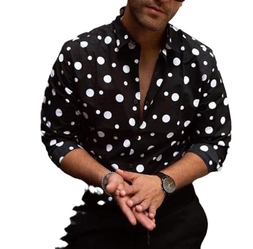 XuanXmy Camisa De Moda para Hombre con Estampado De Lunares, Camisa De Tendencia Callejera, Camisa Suelta De Manga Larga con Solapa De Talla Grande Negro M