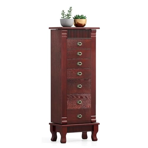 LDAILY Standing Jewelry Armoire Cabinet, Wooden Jewelry Storage Chest with Top Mirror, 7 Drawers, 2 Side Doors, 12 Necklace Hooks, Anti-tipping Device, Tall Jewelry Box Organizer for Women, Walnut