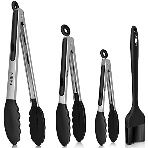 Walfos Set de 4 pinces de cuisine résistantes à la chaleur - Poignée en acier inoxydable et embouts en silicone antiadhésif, brosse en silicone de 21 cm - Pour la cuisine, le buffet,18, 23, 30,5 cm