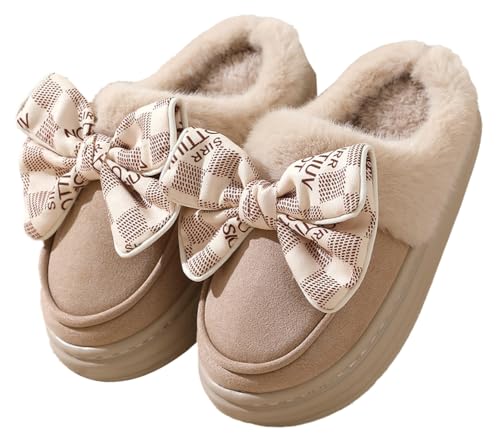 Pocadri Fuzzy Winter Slippers for Women Cute Bowknot Memory Foam Bedroom Shoes Thick Sole Shoes Indoor and Outdoor