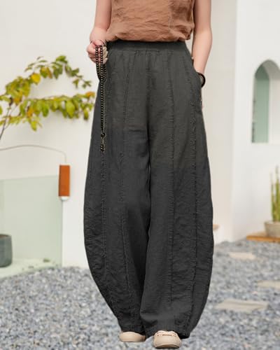 IXIMO Women's Linen Harem Pants Vintage Wide Leg Lantern Front Raw Frayed Patchwork Baggy Boho Lounge Trousers3