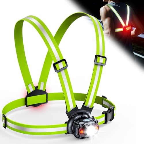 ISEYOU Luz para Correr, 500 Lúmenes Luz Running con LED Trasero Rojo, 6+2 Modos & Ajustable a 45°, Correas Reflectantes 360°, IPX4, USB-C Recargable Lámpara de Pecho para Caminar, Senderismo, Camping