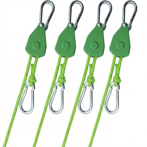 Image of 4Pack Retractable Ratchet Tie Down Straps, 13 Ft 1 /8 inch Adjustable Rope Hanger, Heavy Duty Ratcheting Pulley System with 2 Carabiner Hook, for Tent, Hanging Plants, Grow Lights, Trail Green