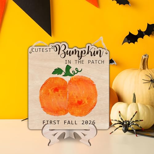 Image of Cutest Little Pumpkin in the Patch Wood Sign, Baby's First Halloween 2026 Keepsake Craft, My First Fall DIY Baby Bum Pumpkin Art Kit, Stand & Rope, Fall Baby Gift, Decor Photo Prop Milestones 03