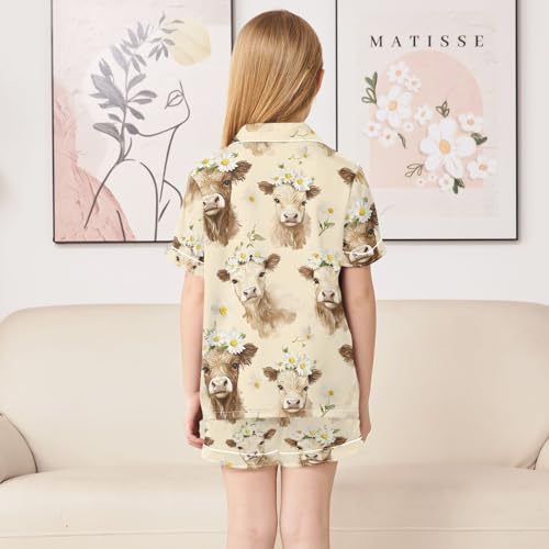 ALAZA Highland Cattle Blossom Floral Satin Pajamas Set Short Sleeve Button Down Sleepwear Summer Pjs 2 Piece4