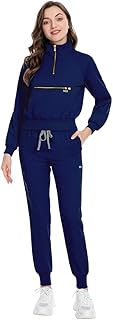 niaahinn Scrub Set with Long Sleeve for Women Scrub Top & Jogger Scrub Pants Medical Working Uniforms with Pockets (Navy Blue,L)