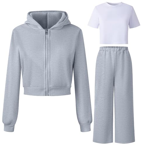 Generisch 2026 2-teiliger Fleece-Trainingsanzug mit Kapuze für Mädchen weiches bequemes Sport-Outfit mit langärmligem Oberteil und Hose zum Spielen und für die Freizeit (Grey 10-11 Years)