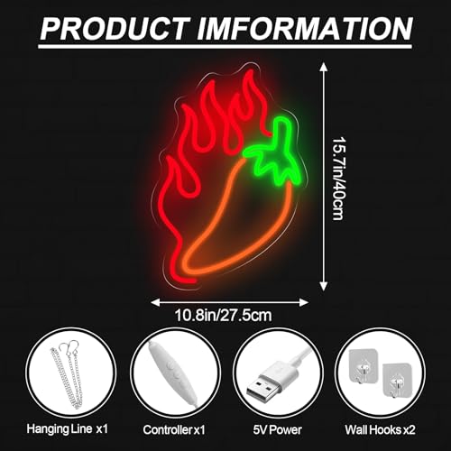 Image of Chili LED Neon Light Sign Spicy Food Restaurant Wall Art Decor, LED Wall Neon Sign Light For Beach Pub Fishing Club Sea Food Restaurant Shop Store Party Room Kitchen Decoration, 15.7 inchx10.8 inch