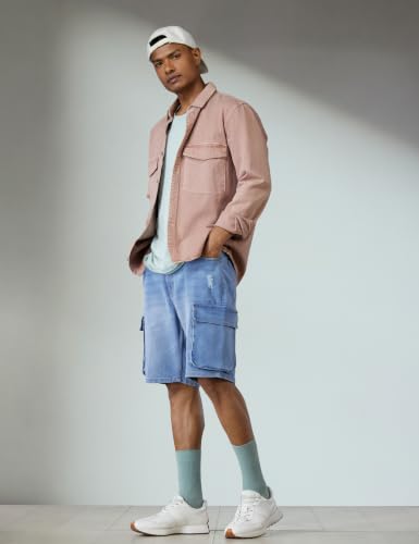 Image of The Indian Garage Co Men Relaxed Fit Solid Mid-Rise Denim Cargo Shorts